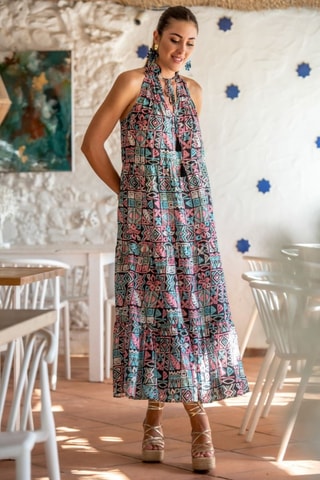 Robe longue en soie - Noir et rose