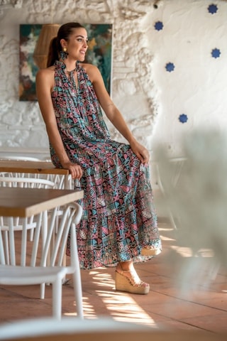 Robe longue en soie - Noir et rose
