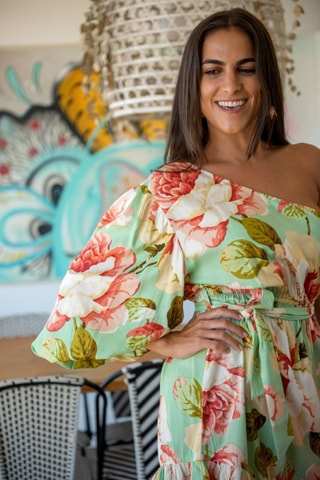 Robe asymétrique - Vert et rose