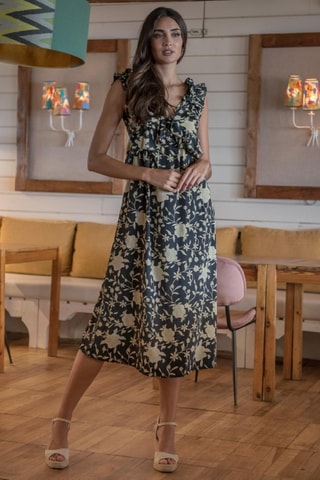 Robe midi en soie - Beige et noir