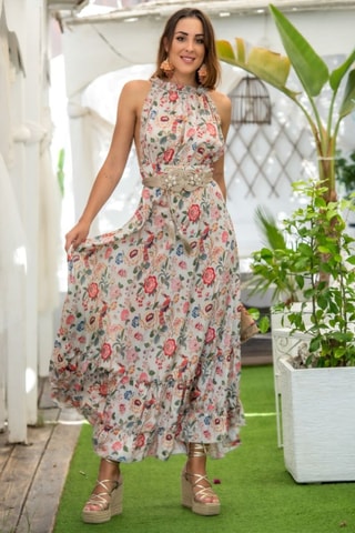 Robe longue en soie - Beige et orange
