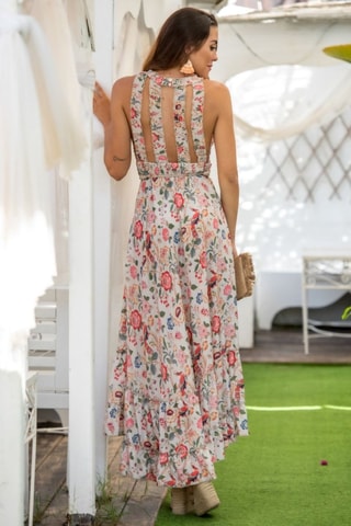 Robe longue en soie - Beige et orange