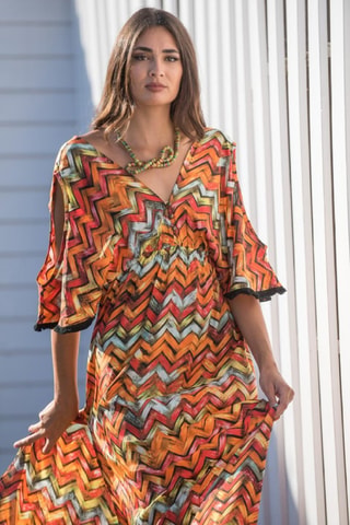 Robe longue en soie - Rouge et orange