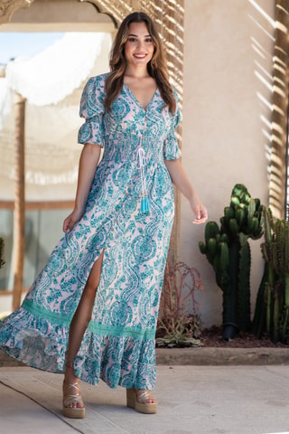Robe longue en soie - Blanc et bleu