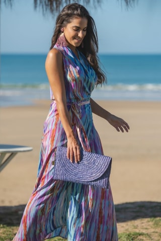 Robe longue en soie - Bleu et rose