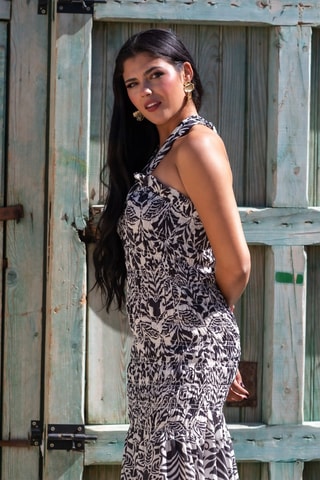 Robe midi en soie sans manches - Blanc et noir
