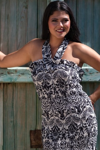Robe midi en soie sans manches - Blanc et noir