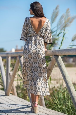 Robe longue en soie - Beige et noir