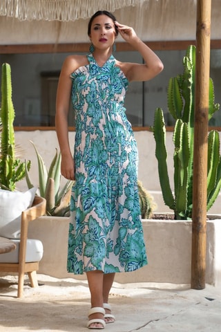 Robe midi en soie sans manches - Blanc et bleu