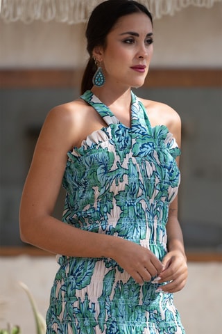 Robe midi en soie sans manches - Blanc et bleu