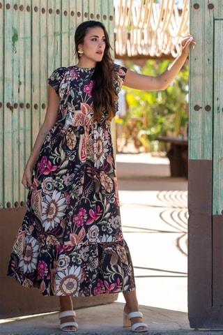 Robe longue en soie - Noir et multicolore
