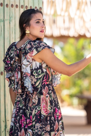 Robe longue en soie - Noir et multicolore