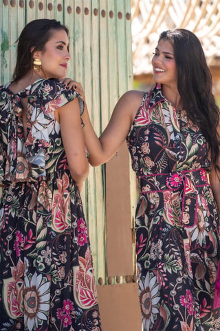Robe longue en soie - Noir et multicolore