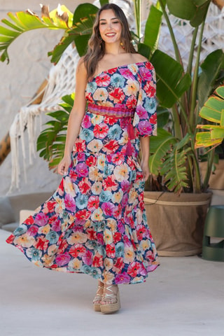 Robe longue en soie - Multicolore