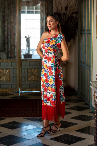 Robe asymétrique - Beige et rouge