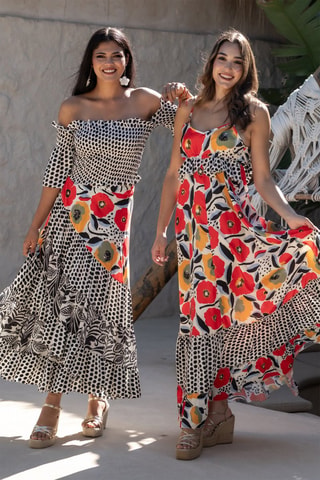 Robe longue en soie - Blanc et noir