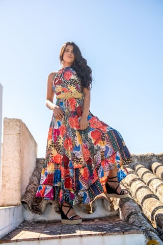 Robe longue en soie - Multicolore