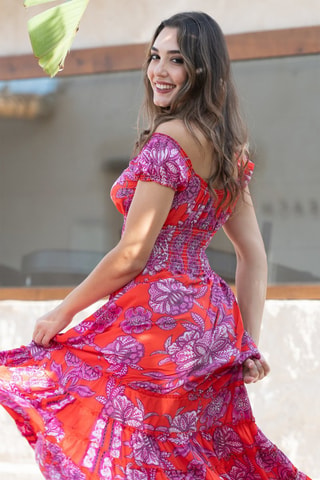 Robe midi en soie - Rouge et violet