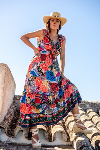 Robe longue en soie - Multicolore