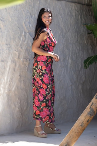 Robe portefeuillle en soie - Noir et rose