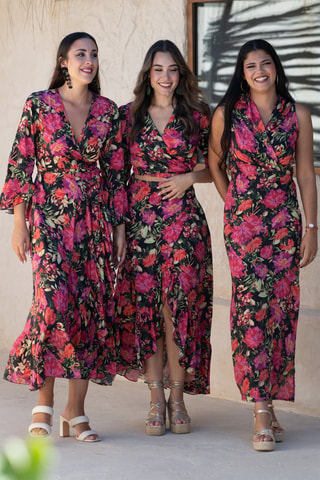 Robe portefeuillle en soie - Noir et rose