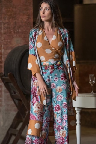 Pantalon wide legs - Turquoise - Bleu et rose