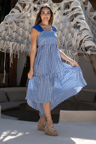 Robe midi en soie sans manches - Blanc et bleu