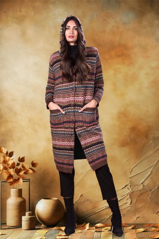 Gilet long à capuche - Marron et rose