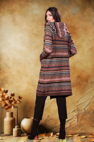 Gilet long à capuche - Marron et rose