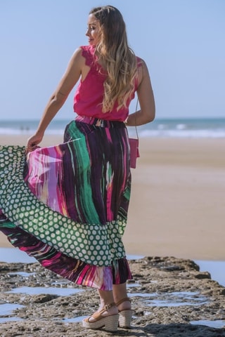 Jupe longue en soie - Vert et rose