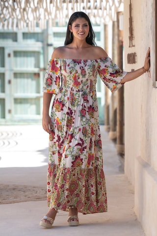 Robe longue en soie sans manches - Blanc et rouge