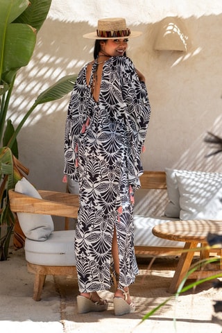 Robe Caftan en soie - Blanc et noir