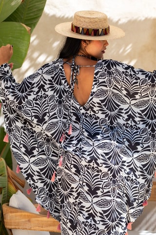 Robe Caftan en soie - Blanc et noir
