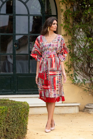 Robe midi - Rouge et multicolore
