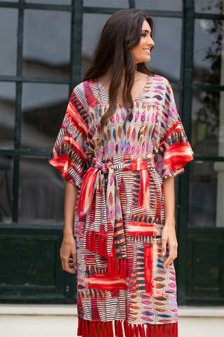 Robe midi - Rouge et multicolore