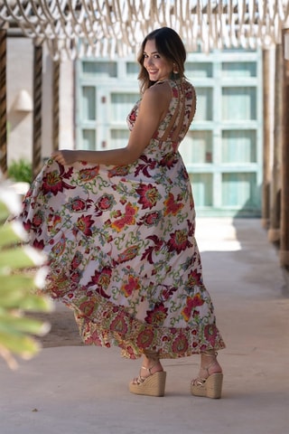 Robe longue en soie - Blanc et rouge