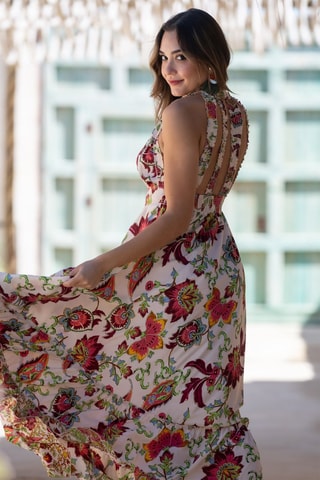 Robe longue en soie - Blanc et rouge