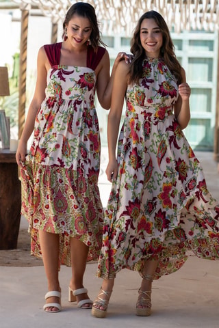Robe longue en soie - Blanc et rouge