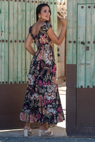 Robe midi en soie - Noir et multicolore