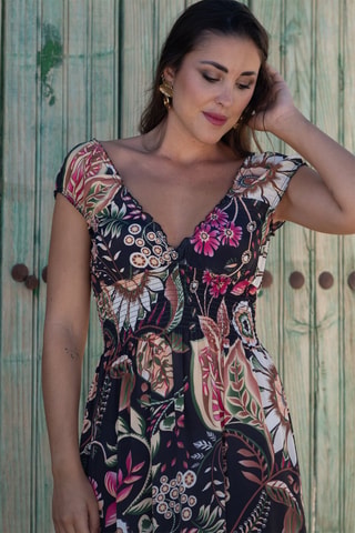 Robe midi en soie - Noir et multicolore