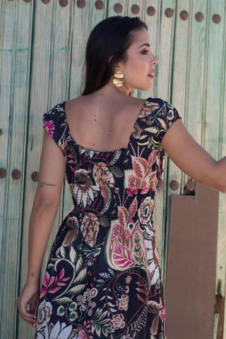 Robe midi en soie - Noir et multicolore