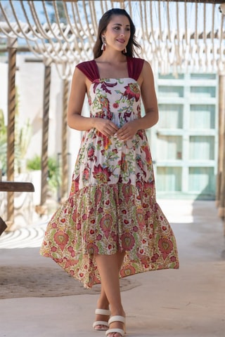 Robe midi en soie sans manches - Blanc et rouge