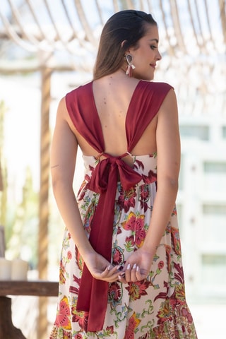 Robe midi en soie sans manches - Blanc et rouge