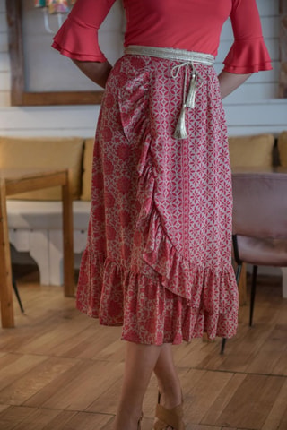 Jupe midi en soie - Taupe et corail