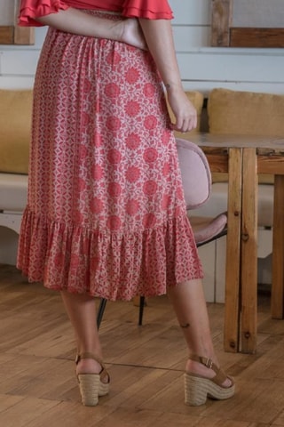 Jupe midi en soie - Taupe et corail