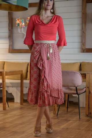 Jupe midi en soie - Taupe et corail