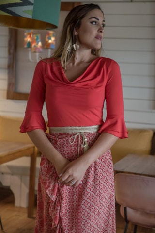 Jupe midi en soie - Taupe et corail