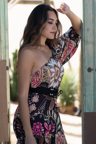 Robe longue en soie - Noir et multicolore