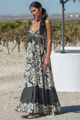 Robe longue en soie - Beige et noir