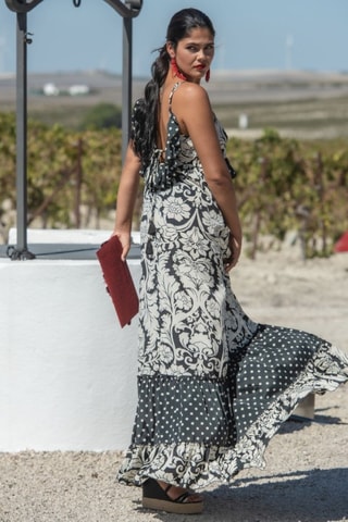 Robe longue en soie - Beige et noir